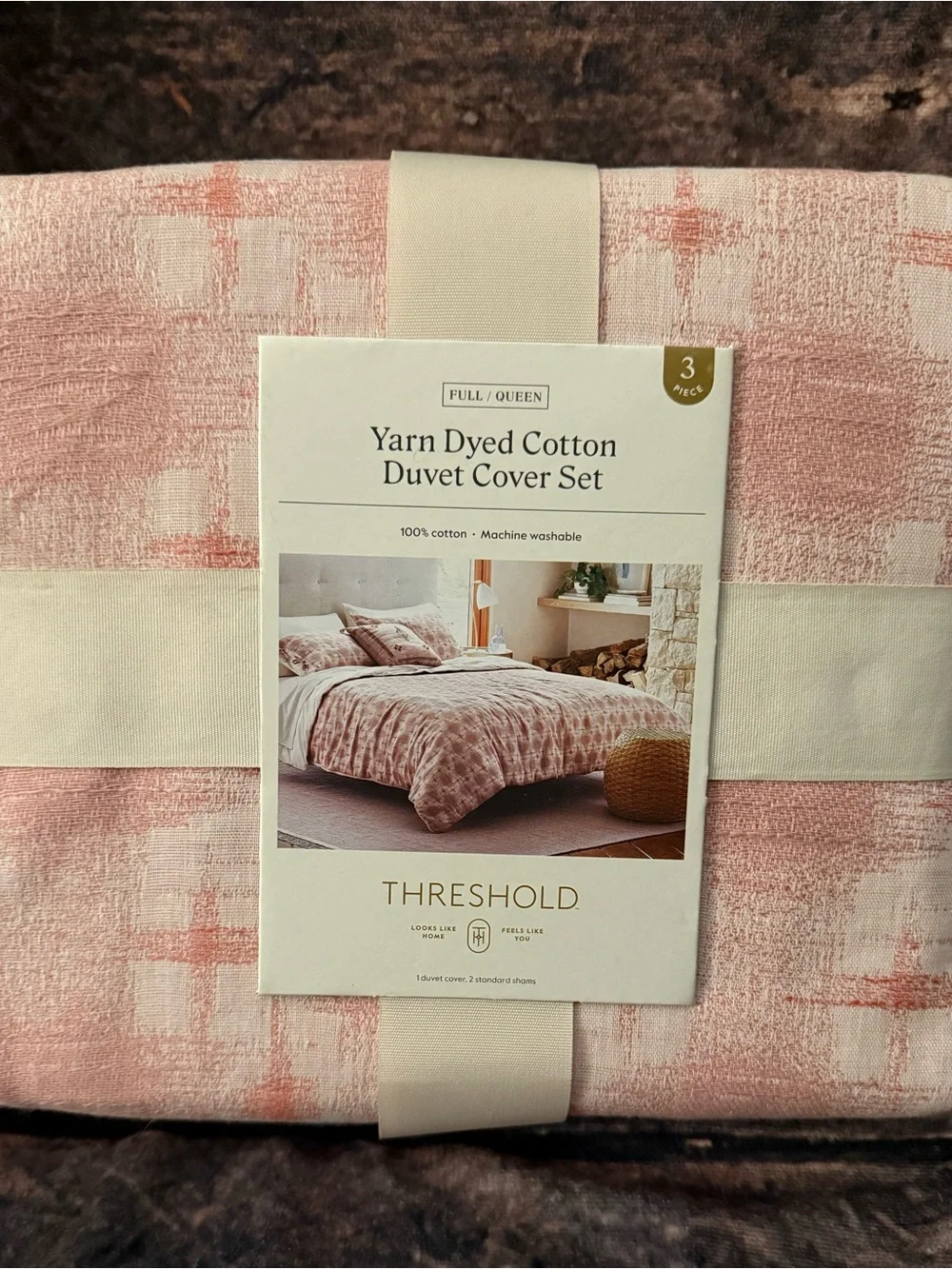 NWT Threshold Pink Plaid Yarn-Dyed Cotton Duvet Set Full Queen 3pc-MSRP $59